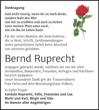 Traueranzeige von Bernd Ruprecht von Trauerkombi Zeitz