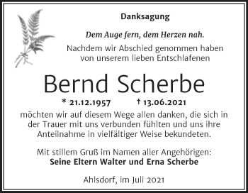 Traueranzeige von Bernd Scherbe von Trauerkombi Mansfelder Land