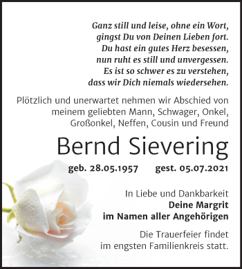 Traueranzeige von Bernd Sievering von Trauerkombi Sangerhausen