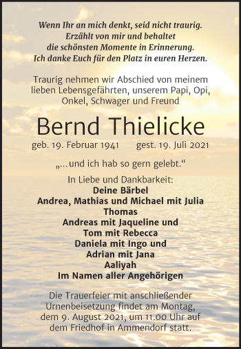 Traueranzeige von Bernd Thielicke von Mitteldeutsche Zeitung Halle/Saalkreis