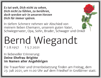 Traueranzeige von Bernd Wiegandt von Trauerkombi Mansfelder Land