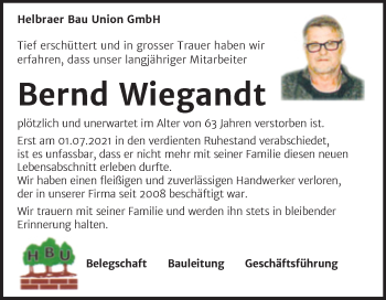 Traueranzeige von Bernd Wiegandt von Super Sonntag Mansfelder Land