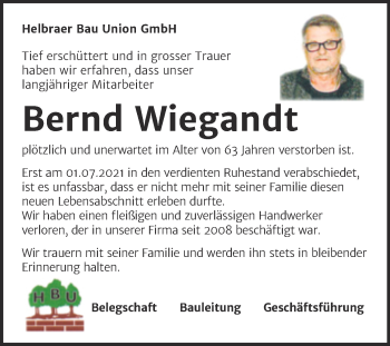 Traueranzeige von Bernd Wiegandt von Mitteldeutsche Zeitung Mansfelder Land