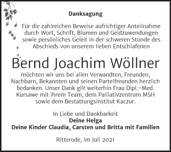 Traueranzeige von Bernd Joachim Wöllner von Trauerkombi Mansfelder Land