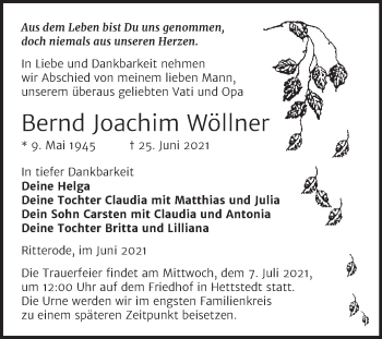 Traueranzeige von Bernd Joachim Wöllner von Trauerkombi Mansfelder Land