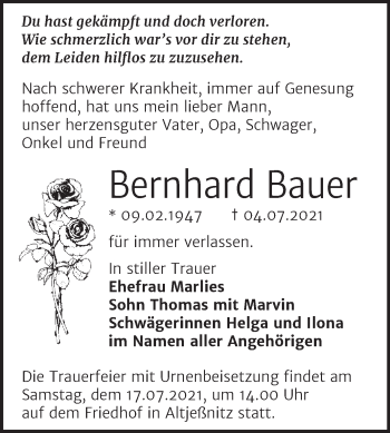 Traueranzeige von Bernhard Bauer von Trauerkombi Bitterfeld