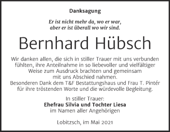 Traueranzeige von Bernhard Hübsch von Trauerkombi Weißenfels