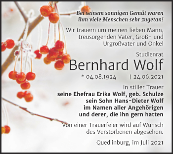 Traueranzeige von Bernhard Wolf von Trauerkombi Quedlinburg