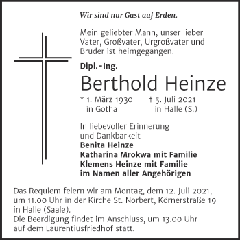 Traueranzeige von Berthold Heinze von Mitteldeutsche Zeitung Halle/Saalkreis