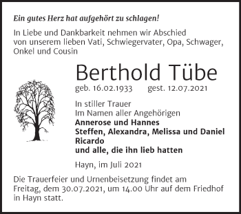 Traueranzeige von Berthold Tübe von Super Sonntag Sangerhausen