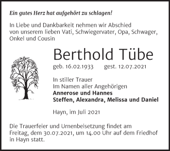 Traueranzeige von Berthold Tübe von Super Sonntag Sangerhausen
