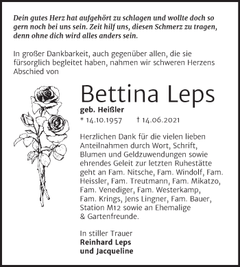 Traueranzeige von Bettina Leps von Trauerkombi Dessau