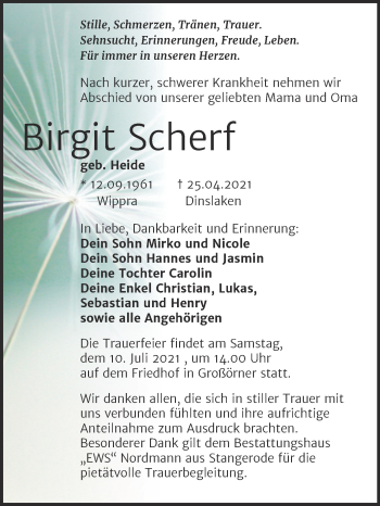 Traueranzeige von Birgit Scherf von Trauerkombi Mansfelder Land
