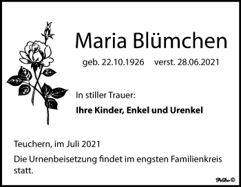 Traueranzeige von Blümchen Maria von Trauerkombi Weißenfels