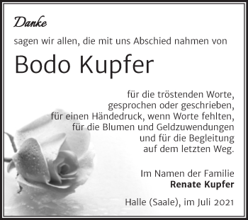 Traueranzeige von Bodo Kupfer von Mitteldeutsche Zeitung Halle/Saalkreis