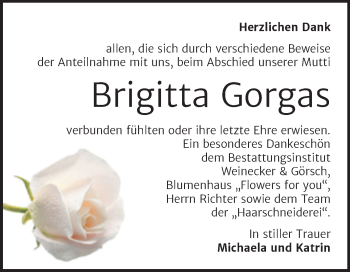 Traueranzeige von Brigitta Gorgas von Trauerkombi Bernburg
