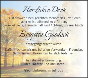 Traueranzeige von Brigitta Gosdeck von Trauerkombi Quedlinburg