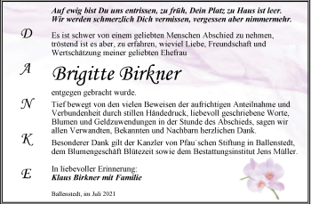 Traueranzeige von Brigitte Birkner von Trauerkombi Quedlinburg