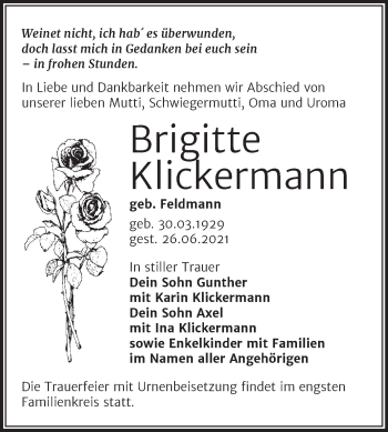 Traueranzeige von Brigitte Klickermann von Trauerkombi Bitterfeld
