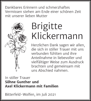 Traueranzeige von Brigitte Klickermann von Trauerkombi Bitterfeld