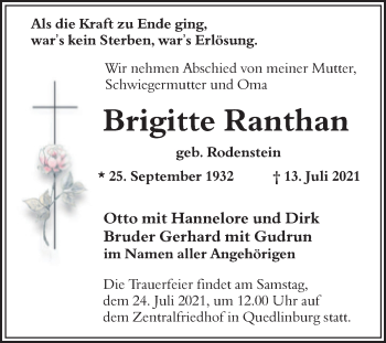Traueranzeige von Brigitte Ranthan von Trauerkombi Quedlinburg