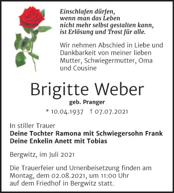 Traueranzeige von Brigitte Weber von Trauerkombi Wittenberg