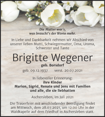 Traueranzeige von Brigitte Wegener von Trauerkombi Aschersleben