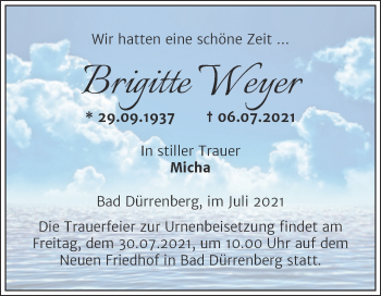 Traueranzeige von Brigitte Weyer von Trauerkombi Merseburg