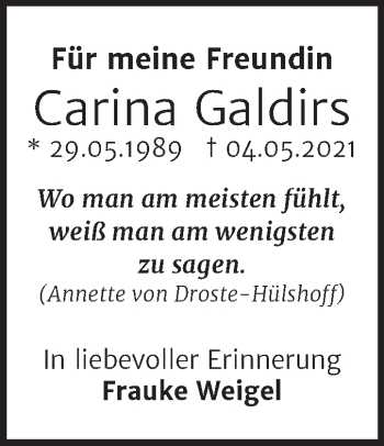 Traueranzeige von Carina Galdirs von Naumburger Tageblatt