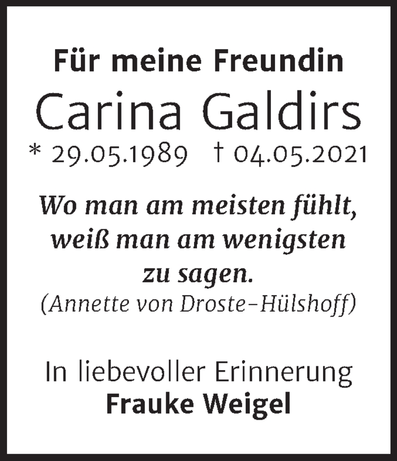  Traueranzeige für Carina Galdirs vom 03.07.2021 aus Naumburger Tageblatt