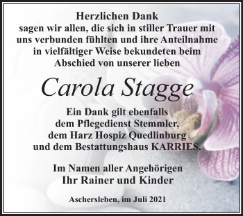Traueranzeige von Carola Stagge von Trauerkombi Aschersleben