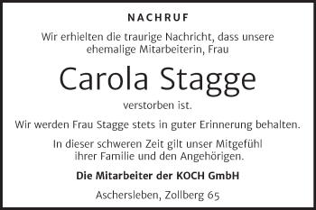 Traueranzeige von Carola Stagge von Super Sonntag Aschersleben