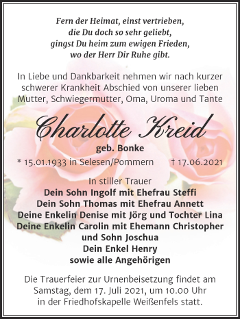 Traueranzeige von Charlotte Kreid von Trauerkombi Weißenfels