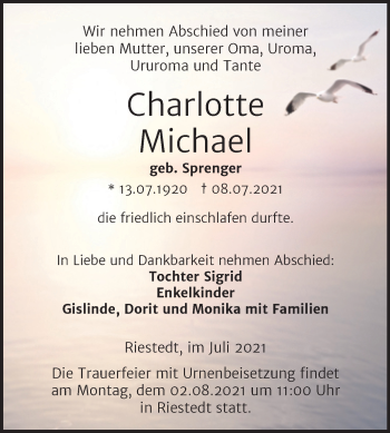 Traueranzeige von Charlotte Michael von Trauerkombi Sangerhausen