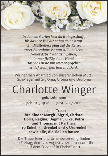 Traueranzeige von Charlotte Winger von Trauerkombi Köthen