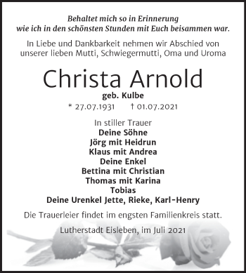 Traueranzeige von Christa Arnold von Trauerkombi Mansfelder Land