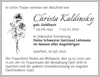 Traueranzeige von Christa Kaldinsky von Trauerkombi Merseburg