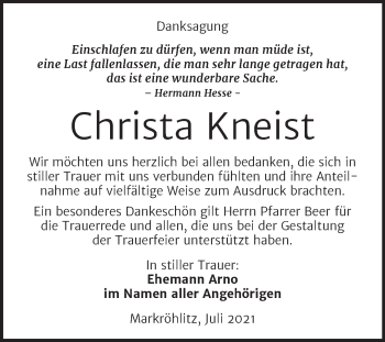 Traueranzeige von Christa Kneist von Trauerkombi Weißenfels