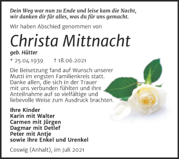 Traueranzeige von Christa Mittnacht von Trauerkombi Wittenberg