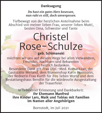 Traueranzeige von Christel Rose-Schulze von Trauerkombi Mansfelder Land