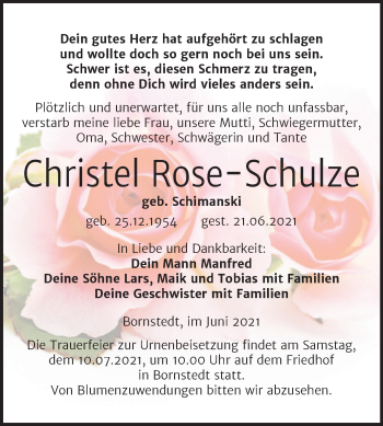 Traueranzeige von Christel Rose-Schulze von Trauerkombi Mansfelder Land