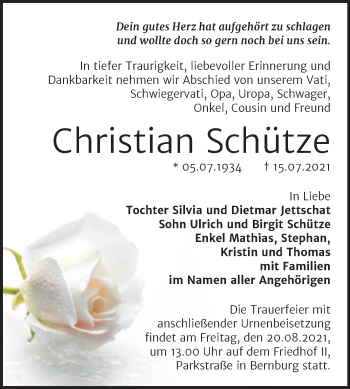Traueranzeige von Christian Schütze von Trauerkombi Bernburg