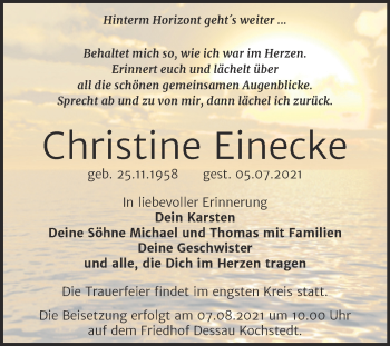 Traueranzeige von Christine Einecke von Trauerkombi Dessau