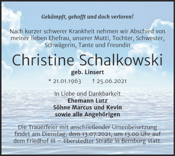 Traueranzeige von Christine Schalkowski von Trauerkombi Bernburg