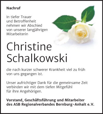 Traueranzeige von Christine Schalkowski von Super Sonntag Bernburg