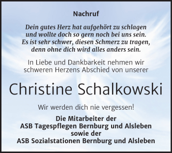 Traueranzeige von Christine Schalkowski von Super Sonntag Bernburg
