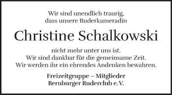 Traueranzeige von Christine Schalkowski von Super Sonntag Bernburg