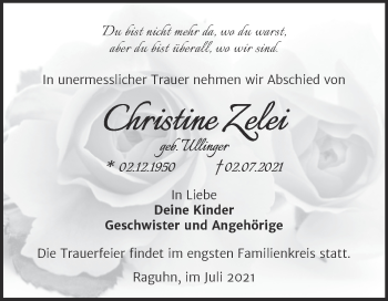 Traueranzeige von Christine Zelei von Trauerkombi Bitterfeld