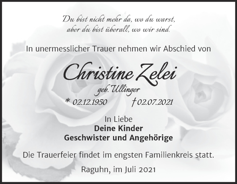  Traueranzeige für Christine Zelei vom 17.07.2021 aus Trauerkombi Bitterfeld