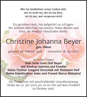 Traueranzeige von Christine Johanna Beyer von Mitteldeutsche Zeitung Halle/Saalkreis